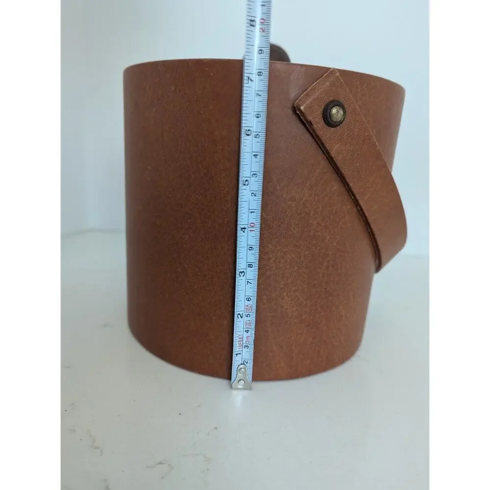 Vtg MCM Brown Faux Leather Ice Bucket Barware Wood Knob Retro 60s 70s